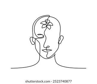 Lineart contínuo de uma pessoa fazer meditação com uma flor dentro da cabeça no conceito de saúde mental, curso editável.