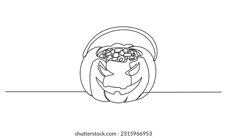 Calabaza continua de lino con caramelos para Feliz Día de Halloween ilustración vectorial