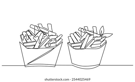 Continuous lineart two fries in small and medium box . Concept fast food illustration, food, restaurant, food business vector