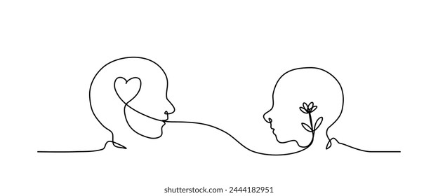 Continuous lineart of two person with flower and heart symbol editable lineart vector in mental health concept.