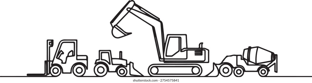 continuous line.Construction equipment . Special machines. Construction machinery. Forklifts, excavators, tractors, bulldozers, concrete mixers. One line draw graphic design vector
