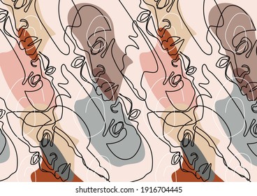 Continuous line.Drawing of faces, fashion minimalist concept, vector illustration. Modern fashionable pattern.