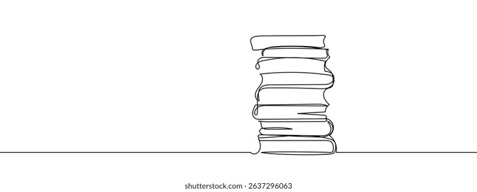 Continuous lines of books stacked in a pile Line Art Vector Transparent Background.
