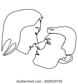 continuous lines concept of love and desire close-up faces of young couples kissing

