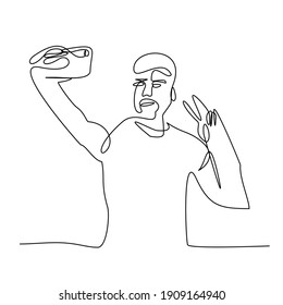 Continuous lines or Face Lines draw a collection of faces and facial movements, illustrations of handsome men taking selfies with smartphones, graphic-style design, printing slogans