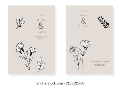 líneas continuas flor flora logotipo tarjeta de bienvenida de boda novia y novio tarjeta de invitación ilustración vectorial
