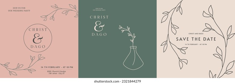 continuous lines flower flora logo wedding greeting card bride and groom invitation card vector illustration