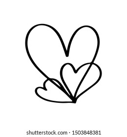 Continuous lines. Funny doodle hearts icons collection. Hand drawn Valentines day, wedding design vector illustration.
