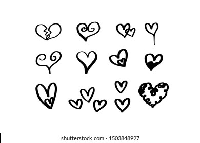 Continuous lines. Funny doodle hearts icons collection. Hand drawn Valentines day, wedding design vector illustration.