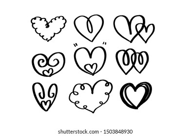 Continuous lines. Funny doodle hearts icons collection. Hand drawn Valentines day, wedding design vector illustration.