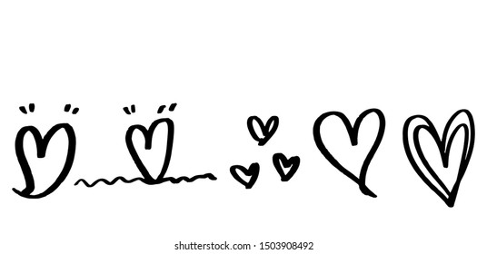 Continuous lines. Funny doodle hearts icons collection. Hand drawn Valentines day, wedding design vector illustration.
