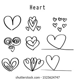 Continuous lines. Funny doodle hearts icons collection. Hand drawn Valentines day, wedding design vector illustration.