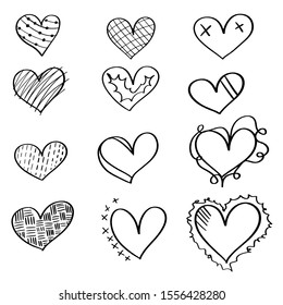 Continuous lines. Funny doodle hearts icons collection. Hand drawn Valentines day, wedding design vector illustration.