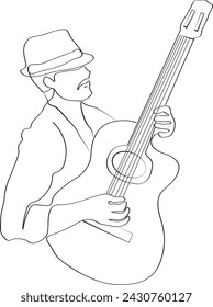 Continuous lines, guitar instruments, instrumental music, simple style, hand drawn illustration