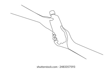 continuous lines of hands interconnected and giving mineral drink.single line drawing of mineral water product.one line vector illustration.isolated white background