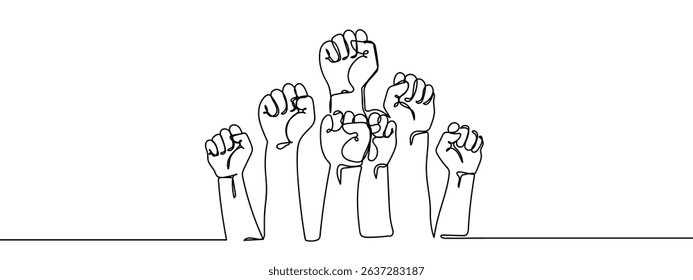 Continuous lines, multiple hands raising fists Line Art Vector Transparent Background.