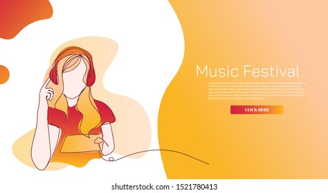 Continuous lines, music festivals and music headphones concept internet advertising. Influencer marketing, social media or network promotion, SMM banner, landing page, flyer.