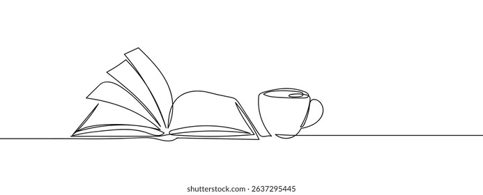 Continuous lines, an open book and a coffee cup. Line Art Vector Transparent Background.