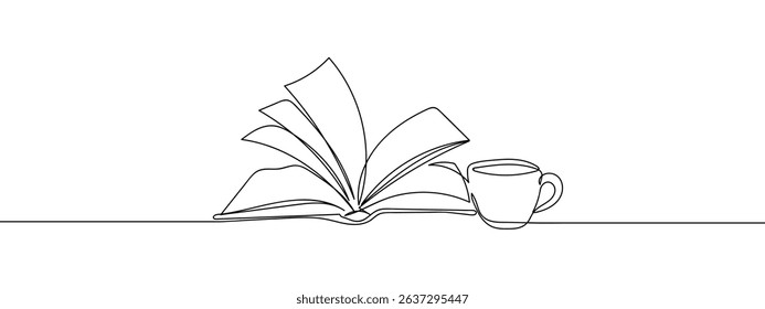 Continuous lines, an open book and a coffee cup. Line Art Vector Transparent Background.