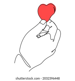 continuous lines red heart on palm love symbol
