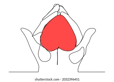 continuous lines red heart on palm love symbol
