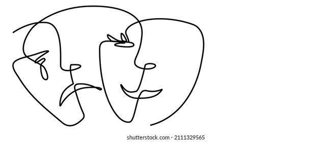 Continuous lines, sad face and happy smile. social expression
