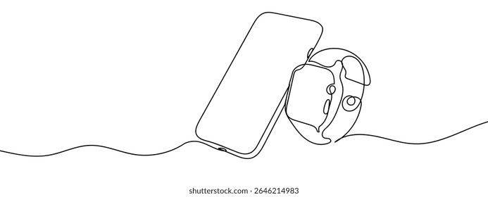 Continuous lines, smartphones and smartwatches Minimal hand drawn line vector cut out background.