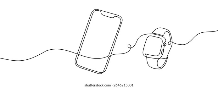 Continuous lines, smartphones and smartwatches Minimal hand drawn line vector cut out background.