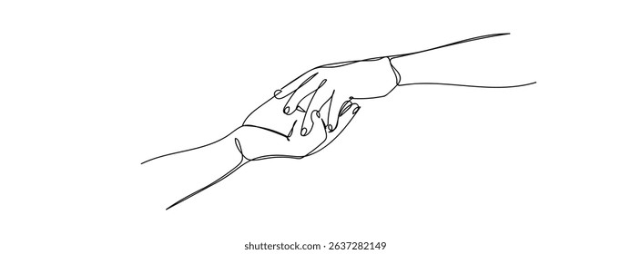 Continuous lines, two hands holding hands Line Art Vector Transparent Background.