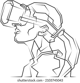 Continuous line.Woman wearing virtual reality glasses. Augmented reality, future technology concept. Online games.Corner line art drawing abstract logo.Lineart isolated white background.