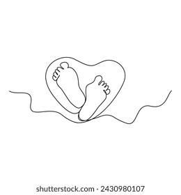 Continuous Little baby feet with heart shape line art vector illustration