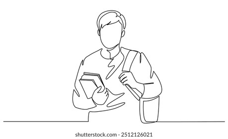 Continuous male student carrying his backpack and books. Concept school, university, study vector illustration	