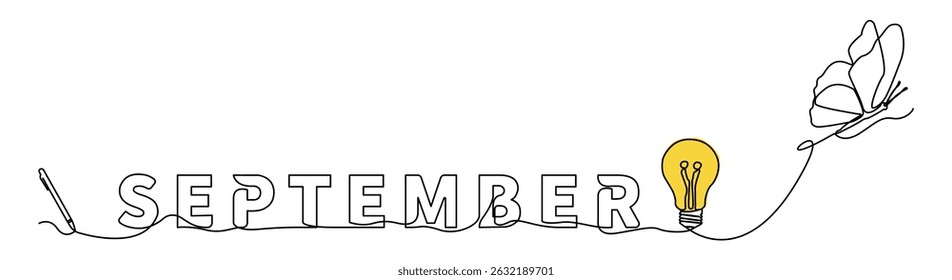 Continuous minimalist line art illustration for September. Featuring creative typography with digital pen, light bulbs, and butterflies, new ideas, transformations etc.
