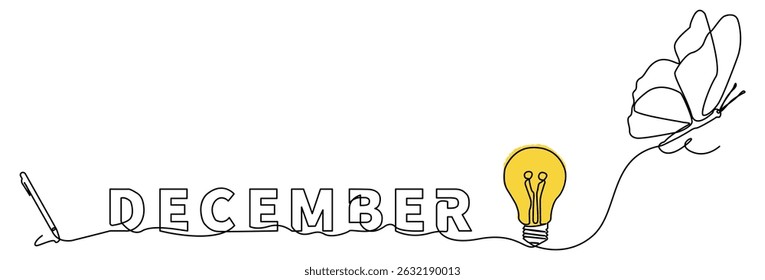 Continuous minimalist line art illustration for December. Featuring creative typography with digital pen, light bulbs, and butterflies, new ideas, transformations etc.