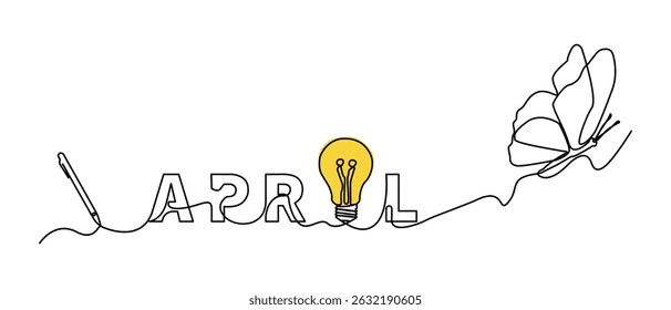 Continuous minimalist line art illustration for April. Featuring creative typography with digital pen, light bulbs, and butterflies, new ideas, transformations etc.
