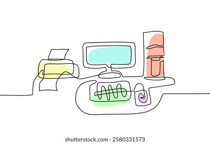 Continuous Minimalist one line hand drawing of a modern office desk setup with a computer, keyboard, mouse, printer, and CPU, accented with soft pastel colors, Vector illustration, Editable stroke