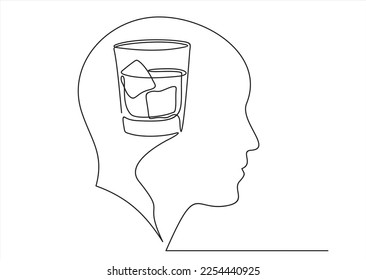 dibujo moderno continuo de la cabeza humana y el cerebro pensando en el whisky, pensando en el alcohol. Dependencia de bebidas alcohólicas, ilustración lineal vectorial. dibujar pensamientos en la cabeza de un hombre. 