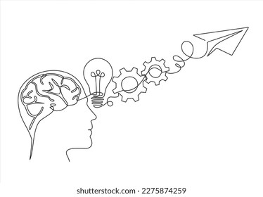 continuous modern drawing human head   brain thinking about Startup business idea  Brain  Paper plane flying up connected and light bulb in one continuous line drawing 