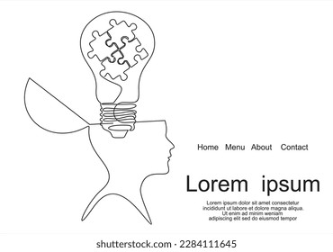 kontinuierliche moderne Zeichnung eines menschlichen Kopfes und Gehirns denken über Glühbirne und Rätsel. innen. Puzzle-Spielsymbol und ikonische Geschäftsmetapher für Problemlösung, Lösung und Strategie.