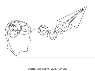 continuous modern drawing of a human head and brain thinking about Startup business idea. Brain, Paper plane flying up connected