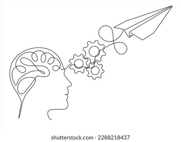 continuous modern drawing of a human head and brain thinking about Startup business idea. Brain, Paper plane flying up connected with gears in one continuous line drawing.