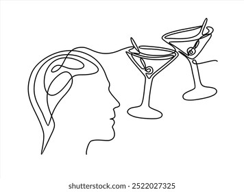 continuous modern drawing of a human head and brain thinking about cocktail, thinking about alcohol. Dependence on alcoholic beverages, vector linear illustration. drawing thoughts  in a man's head. 