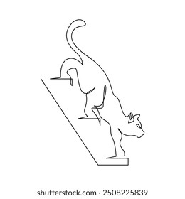 desenho de linha mono contínuo do gato desce as escadas