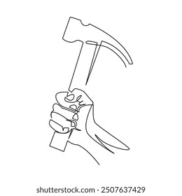 continuous mono line drawing of hand holding hammer