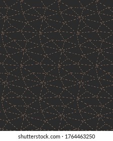 Continuous Monochrome Vector Hexagon Array Pattern. Golden Line Graphic, Web Background Texture. Dark Minimal Polygon, Print Texture. Vintage Textile Pattern