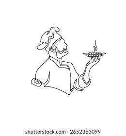 continuous monoline drawing of chef serving a food