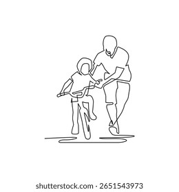 continuous monoline drawing of dad teach cycling his daughter