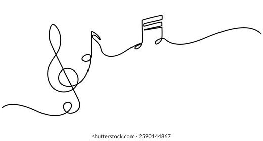 Continuous music line art note vector sketch illustration. Abstract music notes song sound concept background outline, Music notes and treble clef continuous one line drawing. Hand drawn doodle sketch