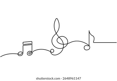 Linha de música contínua de arte nota vetor esboço ilustração. Resumo de notas de música conceito de som de música plano de fundo, Treble clave contínuo um desenho de linha, Sinal de música em estilo linear simples.