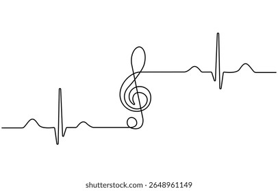 Linha de música contínua de arte nota vetor esboço ilustração. Resumo de notas de música conceito de som de música plano de fundo, Treble clave contínuo um desenho de linha, Sinal de música em estilo linear simples.